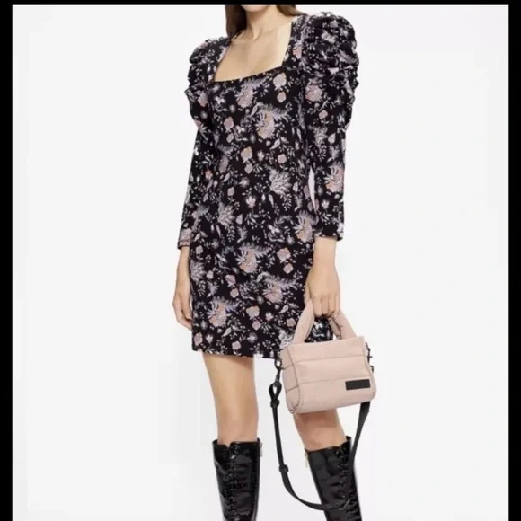 NWT Ted Baker Dracena Black Square Neck Puff Shoulder Printed  Dress Size 12 - Picture 3 of 8